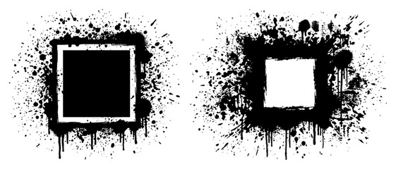 Square grunge frames with black paint splatters and ink drips in urban street art style © AnjaliDesai