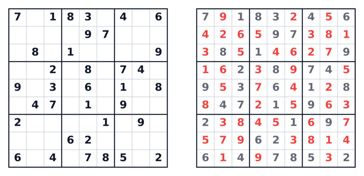 Sudoku puzzle grid examples with solved and unsolved sections  