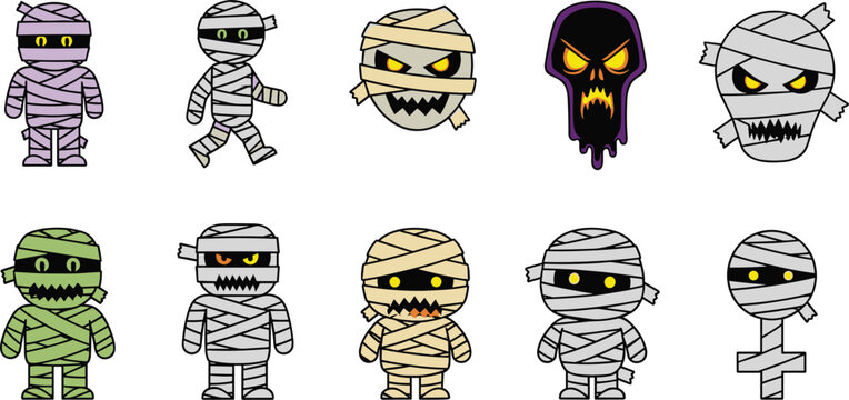 Cute Halloween Mummy Monster Cartoon Vector Character Set Isolated on White
