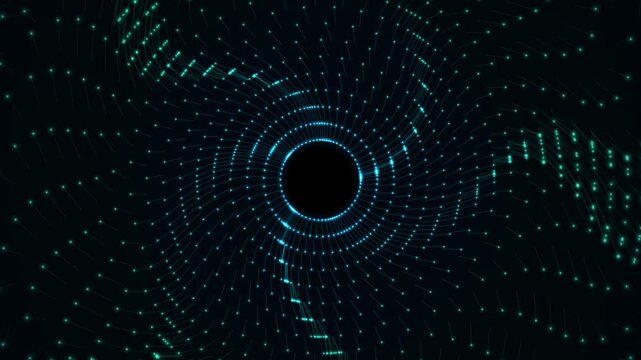 Digital glowing vortex tunnel animation with blue green dots