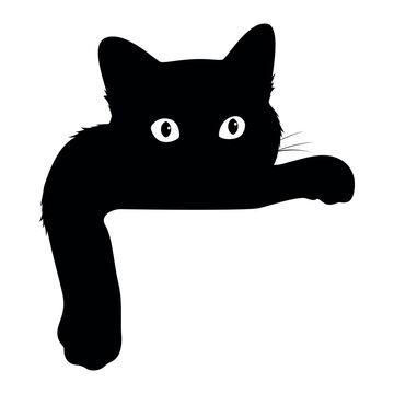 Illustration of a black cat peeking out from around a corner with curious eyes and an outstretched paw, isolated on a white background