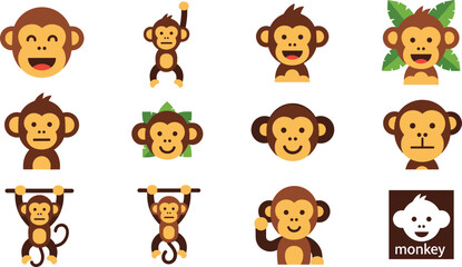 Cute Monkey Cartoon Character Vector Icon Set Isolated on White © MDTAREK