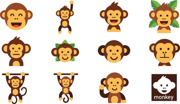 Cute Monkey Cartoon Character Vector Icon Set Isolated on White