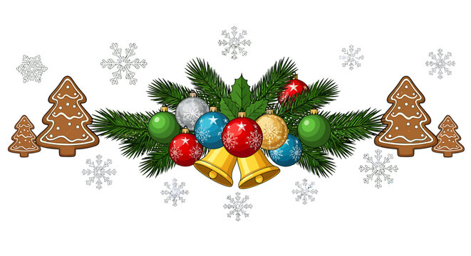 Colorful Festive Ornaments and Pine Branches Arranged With Snowflakes and Gingerbread Cookies