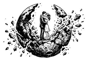 Obraz premium Couple embracing on shattered planet in vintage engraving style