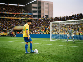Obraz premium Player in Yellow Focusing Before Penalty Kick