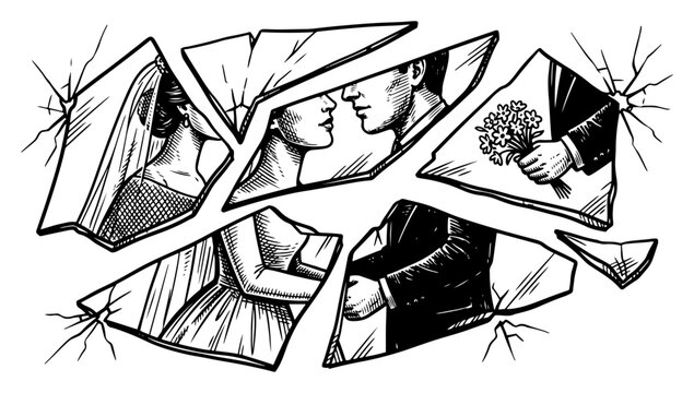 Broken mirror reflecting bride and groom in vintage woodcut engraving style