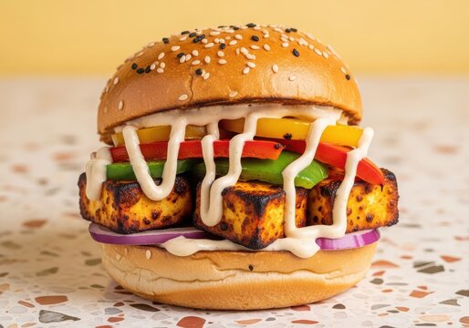 Delicious grilled paneer burger with fresh vegetables and creamy sauce