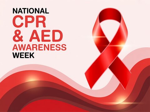 National cpr and aed awareness week banner with red ribbon symbol