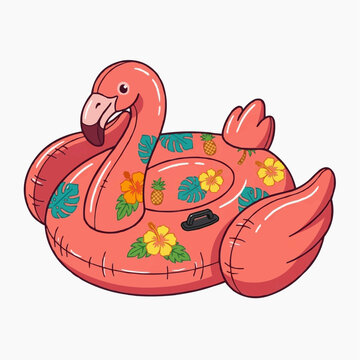 Pink Flamingo Pool Float with Tropical Flowers and Pineapples