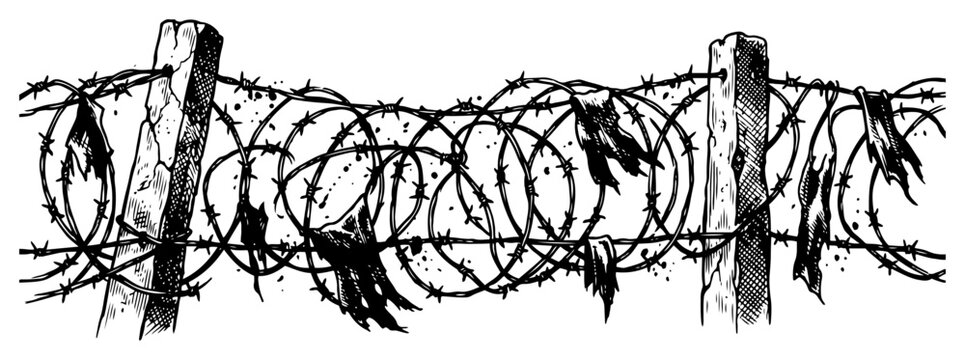 Barbed wire fence attached to wooden posts in vintage engraving style