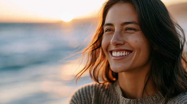 Close-up of a cheerful brunette woman laughing naturally on the beach at sunset, authentic emotion and summer vacation happiness, coastal lifestyle and natural beauty concept,