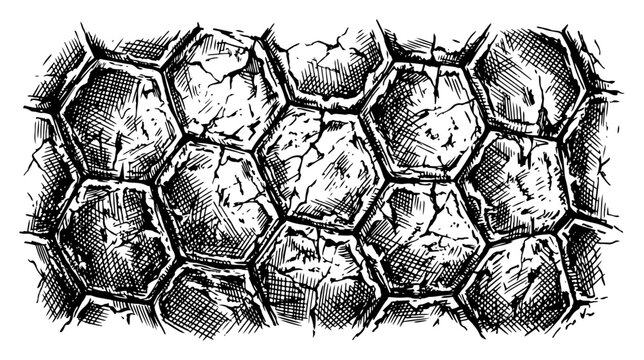Cracked hexagonal stone pavement tiles in detailed engraving style