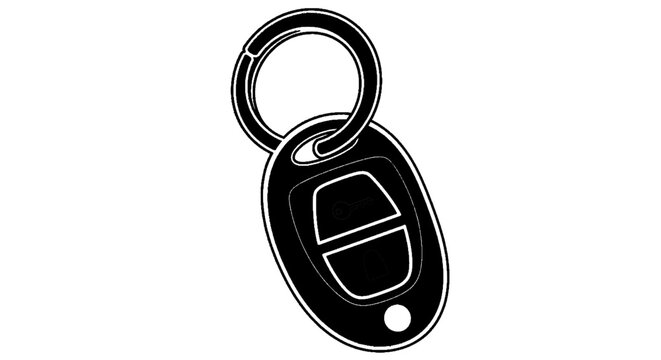 Minimal black silhouette icon, simple flat vector, bold black shape, no, no shading car key fob with remote control buttons on a metal keyring on a, flat icon style