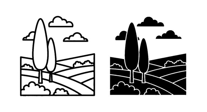 Minimal black silhouette icon, simple flat vector, bold black shape, no, no shading set of two landscape icons with cypress trees and rolling hills on a, flat icon style