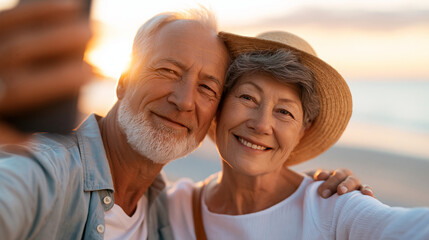 Obraz premium Happy senior couple taking a selfie together on the beach at sunset, smiling mature man and woman enjoying a summer vacation, romantic retirement lifestyle and travel concept in
