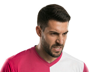 Fototapeta premium Determined player in red jersey shouting with intensity