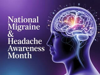 Obraz premium National migraine and headache awareness month concept with glowing brain illustration