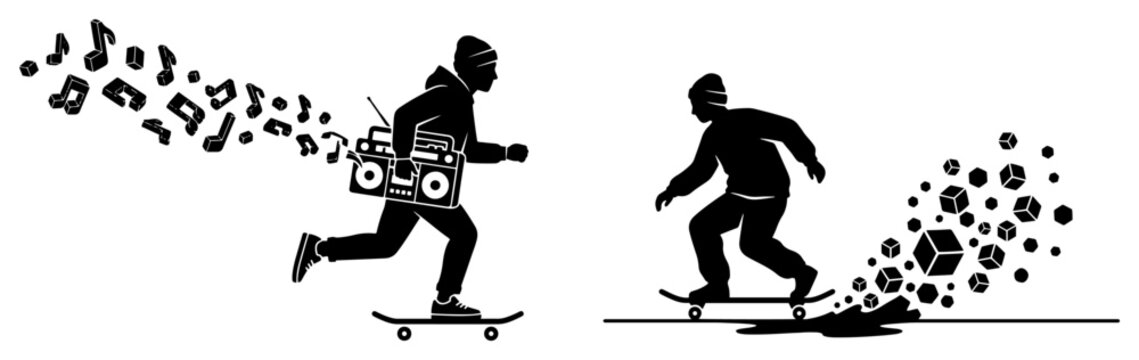 Skateboarder carrying boombox with music notes and skater doing trick with geometric cubes in black and white silhouette style