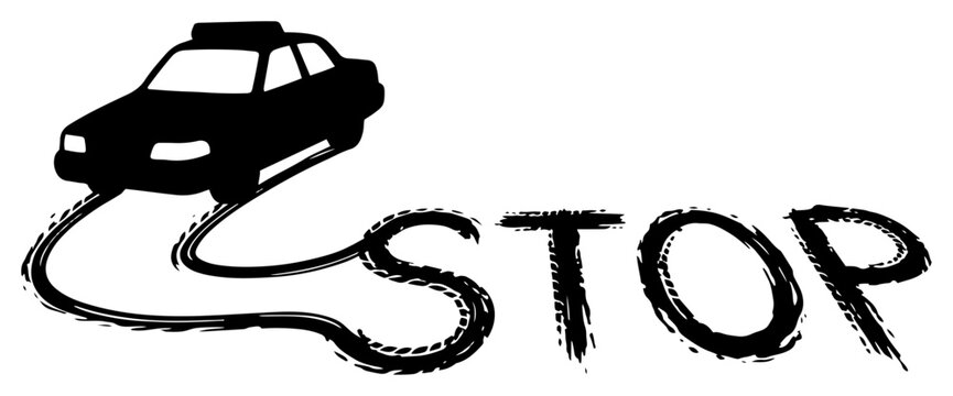 Police car leaving skid marks spelling the word stop in grunge style