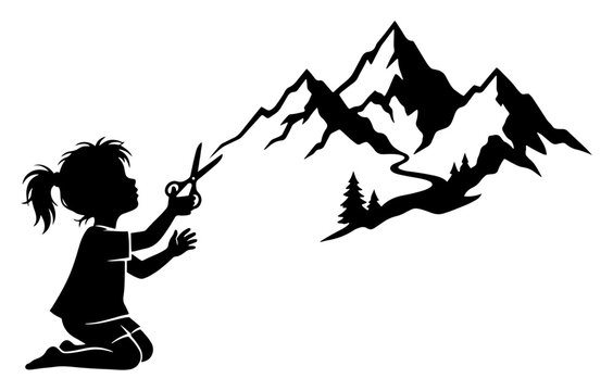 Creative little girl silhouette using scissors to cut out a scenic mountain range and nature landscape vector illustration
