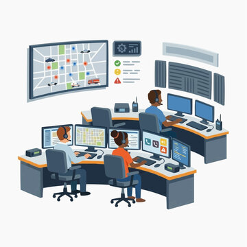 Emergency dispatch center with operators monitoring screens and maps