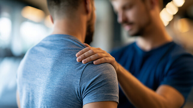Professional physiotherapist treating a young male athlete with a shoulder injury in a gym environment, sports massage and rehabilitation concept, pain management for athletic