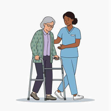 Nurse assisting elderly woman with walker in healthcare setting