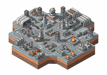 Isometric view of a futuristic industrial complex with various buildings and structures. © Tas