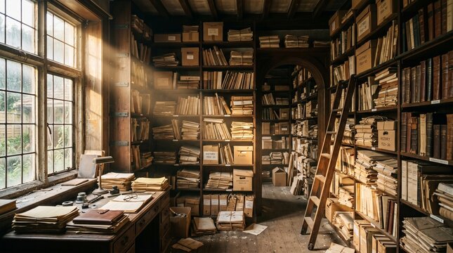Vintage Library Archive Room with Wooden Bookshelves and Sunbeams through Window
