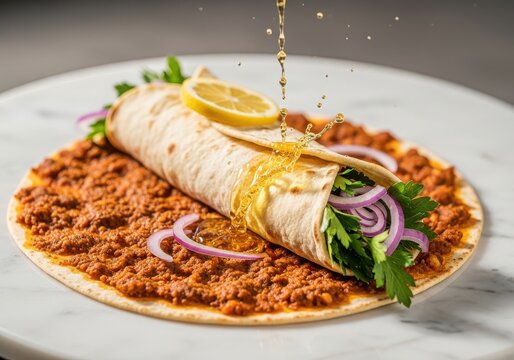 Delicious lahmacun wrap with fresh parsley, red onion, and lemon