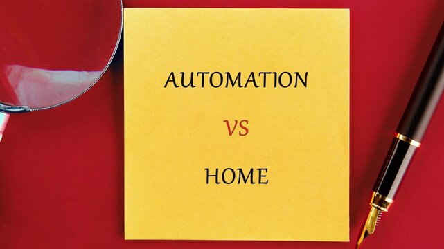 Words Automation versus Home appear on a yellow post it note, resting on a bright red table next to an elegant fountain pen