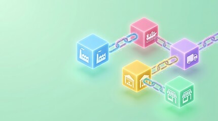 Obraz premium 3D blockchain network connection with glowing pastel cubes and chain links on mint background