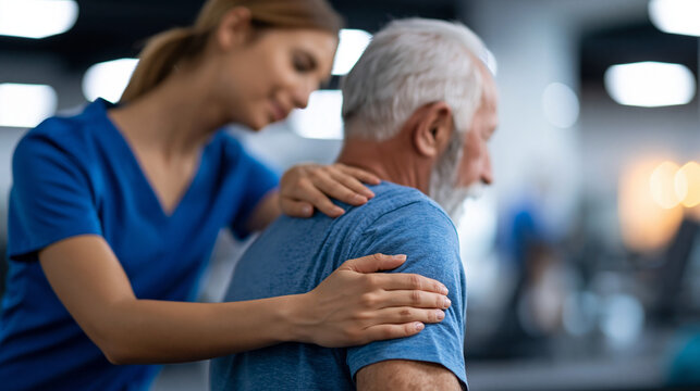 Licensed physiotherapist massaging the shoulder and upper back of an elderly male patient in a gym rehabilitation setting, physical therapy and chiropractic care for elderly