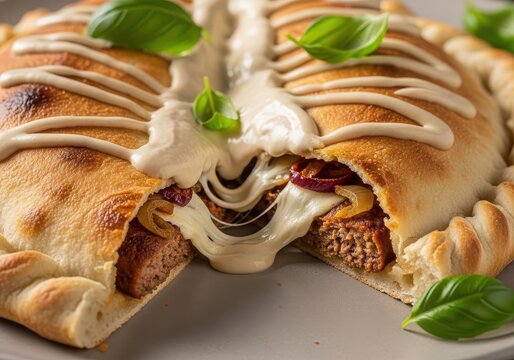 Delicious homemade calzone with ground meat, cheese, and fresh basil