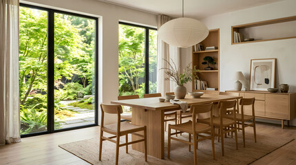 Fototapeta premium Modern dining room and kitchen interior with wooden furniture, dining table, chairs, and modern luxury home design