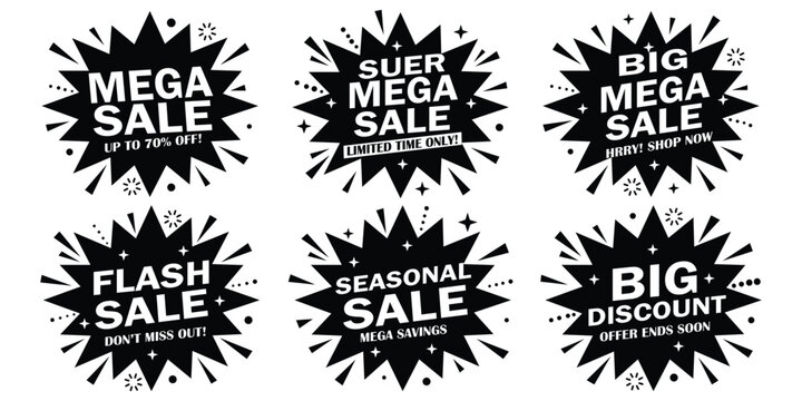 Big Sale Promotion Sticker Set with Seasonal Offer and Discount Burst Shapes