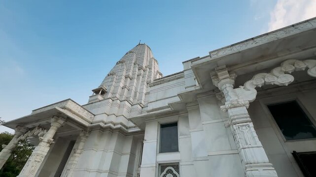Birla Mandir Temple, Jaipur, India. Magnificent Architectural Details of a Majestic Temple Against a Clear Sky Captured in Two Frames Showcasing Stunning Features and Graceful Structure