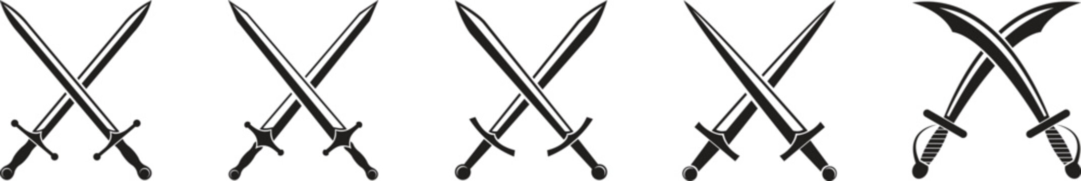 Crossed swords icon set, medieval weapon symbols, knight blade silhouettes, battle and fight signs, ancient warrior equipment, gaming assets, vector collection isolated on transparent background.