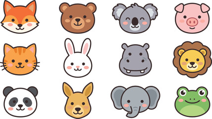 Fototapeta premium Adorable Cartoon Animal Face Bundle Featuring Fox Bear Koala Pig Cat Rabbit Hippo Lion Panda Kangaroo Elephant and Frog Vector Icons