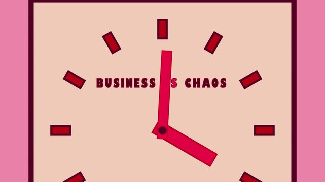 Clock face with red hands and markers on a light pink background depicts time passing. The phrase Business versus Chaos appears on the dial