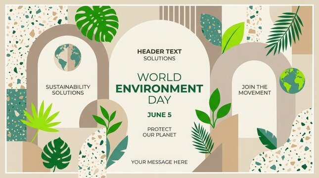 World Environment Day abstract background template with modern geometric arches and tropical leaves