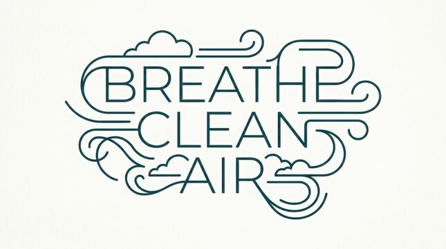 Breathe Clean Air typography design with monoline cloud and wind swirls vector illustration