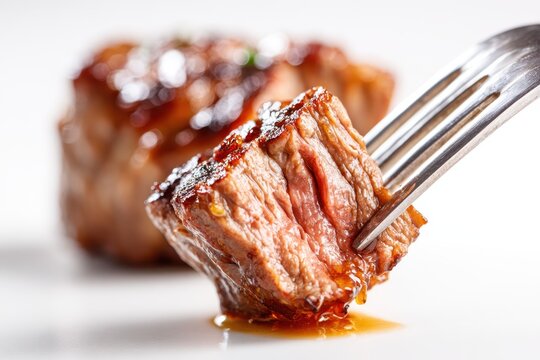 Grilled medium-rare steak slice on fork