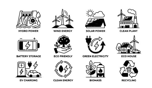 Renewable energy colorful icon set solar wind hydro power and ecology vector isolated on white background