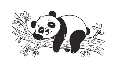 Cute sleeping panda on tree branch vector black white line art illustration © MdMintu
