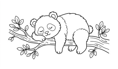 Sleeping panda bear vector line drawing cute animal branch illustration © MdMintu