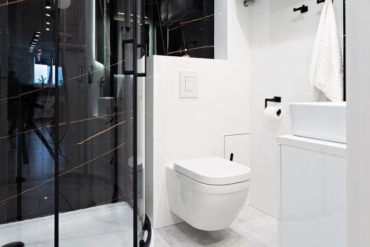 Modern bathroom interior with shower and toilet. Luxurious interior with white tiles on the wall and ceramic bathroom sink. New apartment.