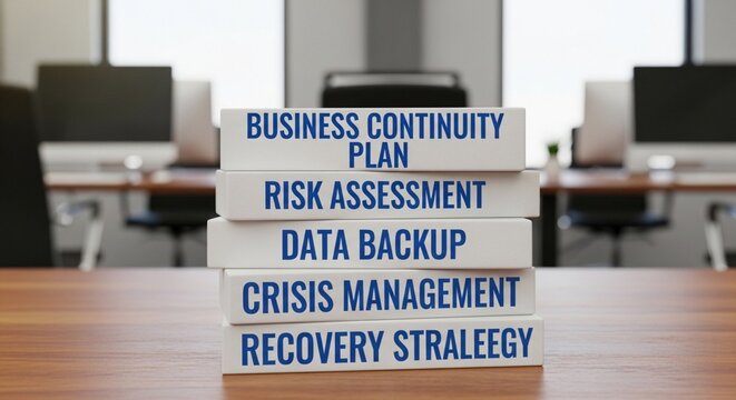 Five stacked white blocks resting on wooden desk displaying business continuity plan risk assessment data backup crisis management and recovery strategy for enterprise.