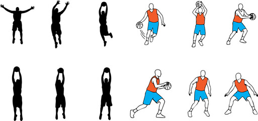 Basketball players set with solid black silhouettes and flat color action poses vector illustration © KAZI AZIZUL